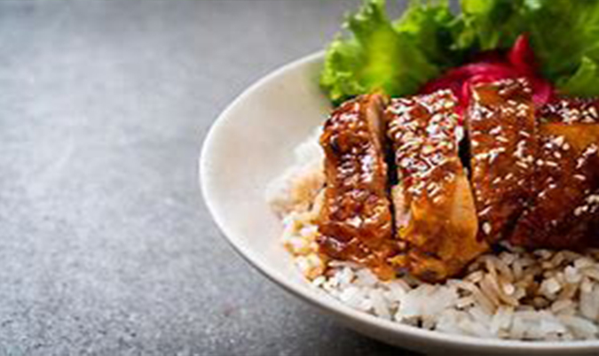 Grill Chicken Fillet With Teriyaki Sauce On Steam Rice