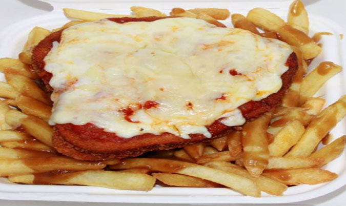 Chicken Parmi with Chips and Gravy